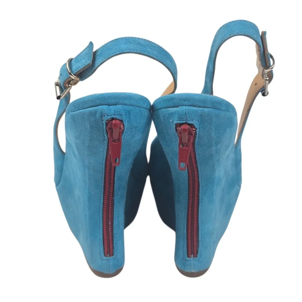 Luxury Turquoise Suede Peep-toe Platform Slingback Wedge Sandal Size 38 NIB $458
